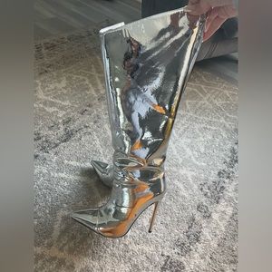 Metallic Sexy Stiletto Wide Calf Knee High Boots with Side Zipper